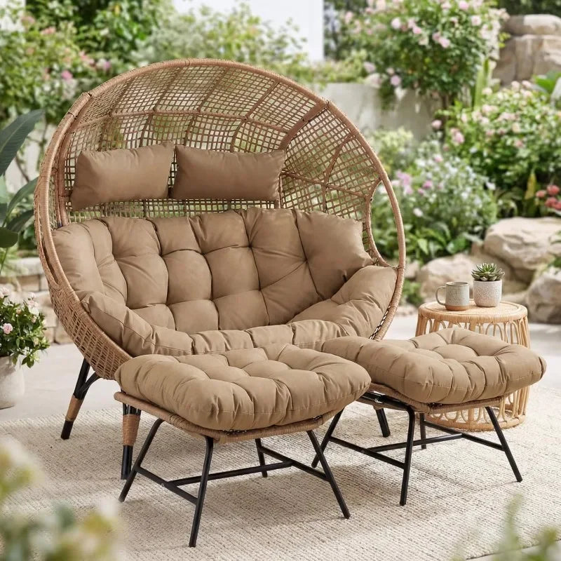 NICESOUL 2 Person Egg Chair Indoor Outdoor Stationary Wicker Large Egg Seating Large Egg Basket Lounge Chair with Ottoman