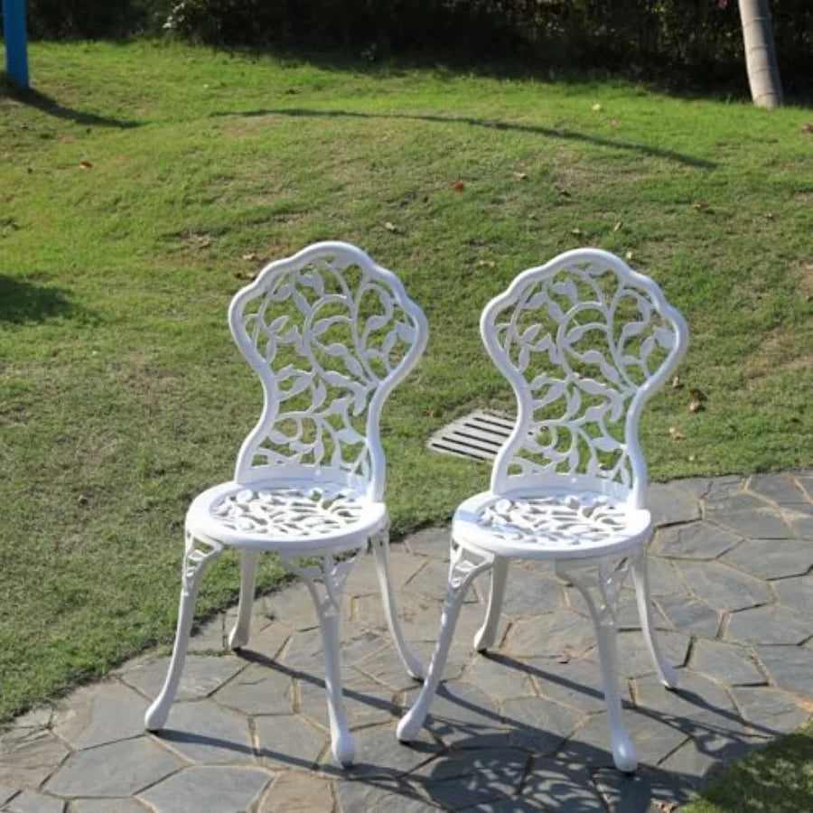 KAILI Rose Garden Cast Aluminum Bistro Chairs Decorative Outdoor Patio Seating Set of 2 White and Black Leaf Chair White