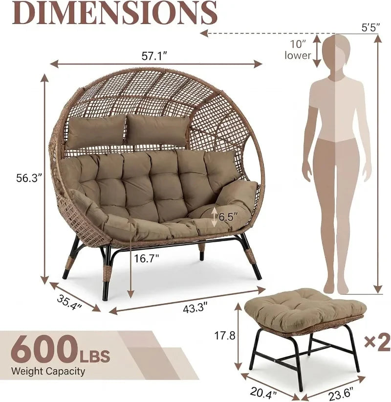 NICESOUL 2 Person Egg Chair Indoor Outdoor Stationary Wicker Large Egg Seating Large Egg Basket Lounge Chair with Ottoman