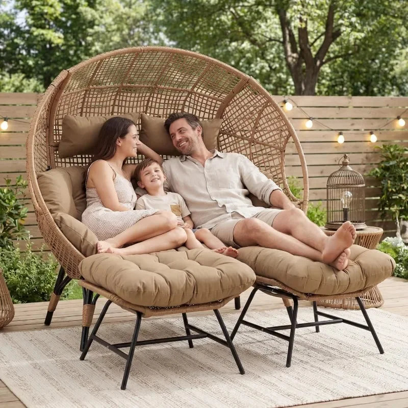 NICESOUL 2 Person Egg Chair Indoor Outdoor Stationary Wicker Large Egg Seating Large Egg Basket Lounge Chair with Ottoman